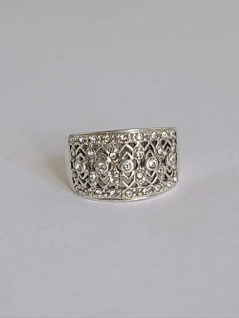 Elegant Sterling Silver CZ Rhinestone Crystal Filigree Chunky Wide Band Ring 6 - Picture 1 of 15